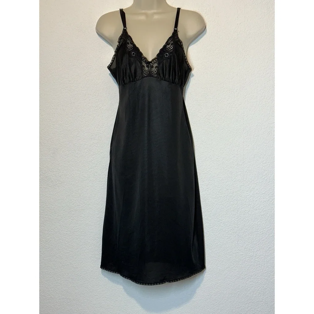 Vintage Maidenform Black Full Slip‎ Dress Lace Accents Size 34 Pin Up